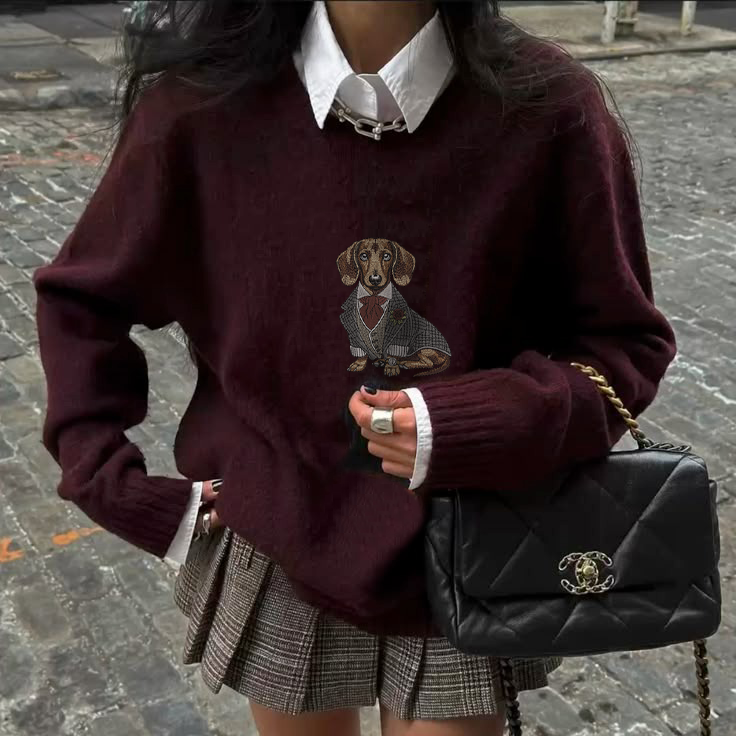 Sweater Dachshund Embroidery 100% Cotton - Burgundy