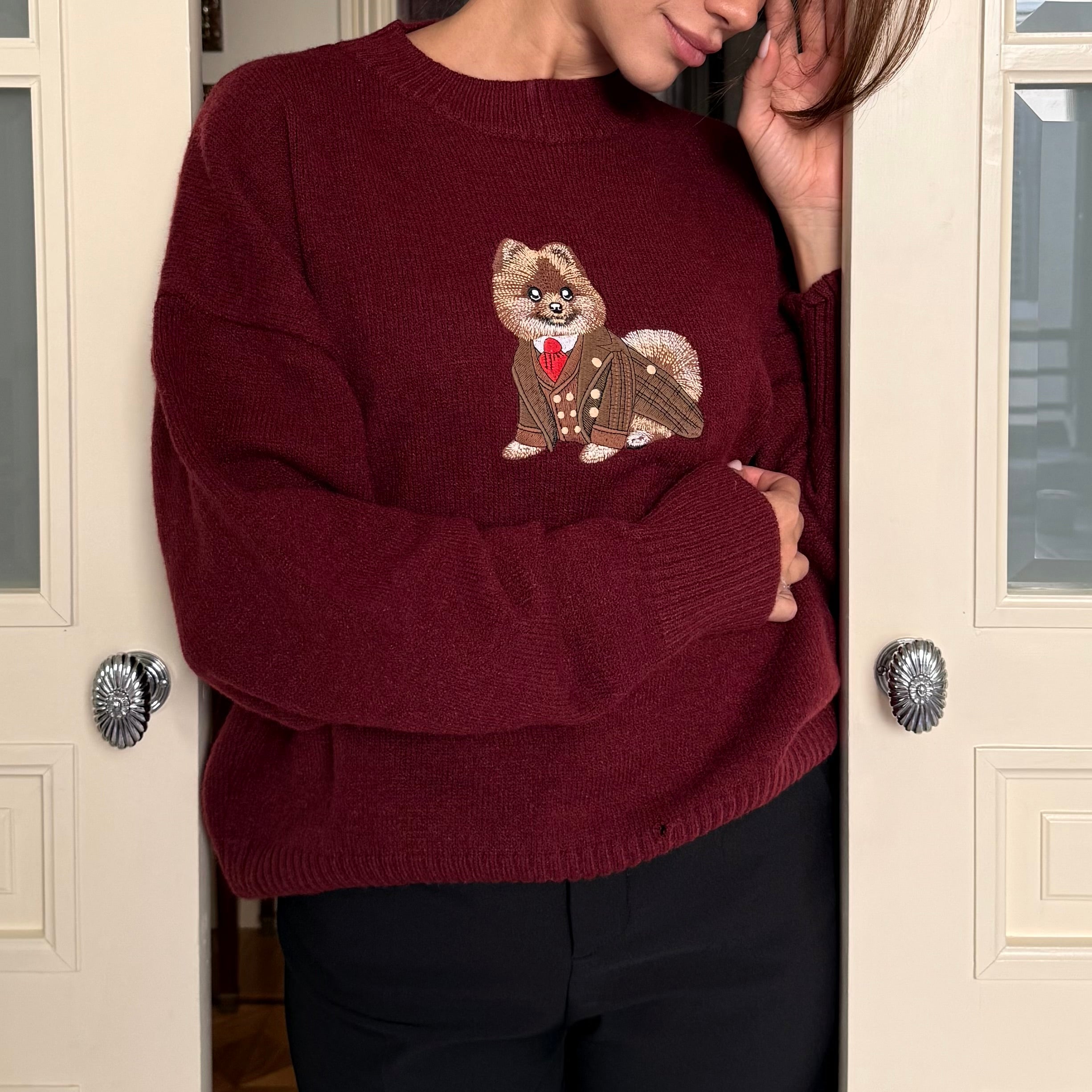Sweater Pomeranian Embroidery 100% Cotton - Burgundy