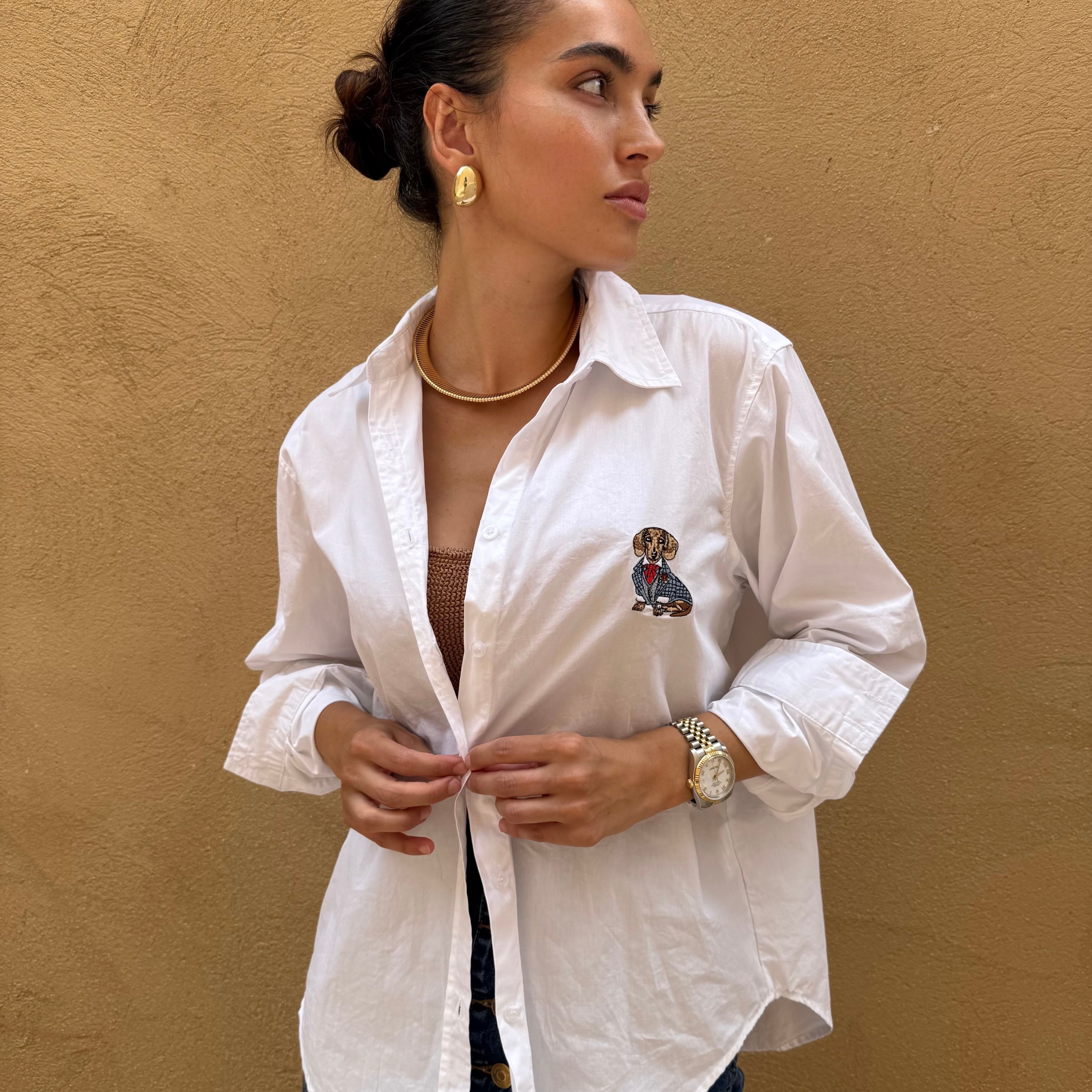 Pomeranian Embroidered Button Down Shirt