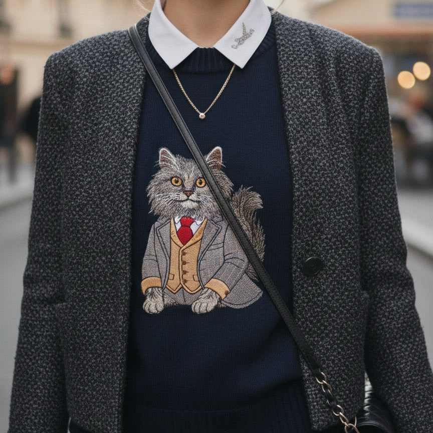 Sweater Longhair Cat Embroidery 100% Cotton - Navy