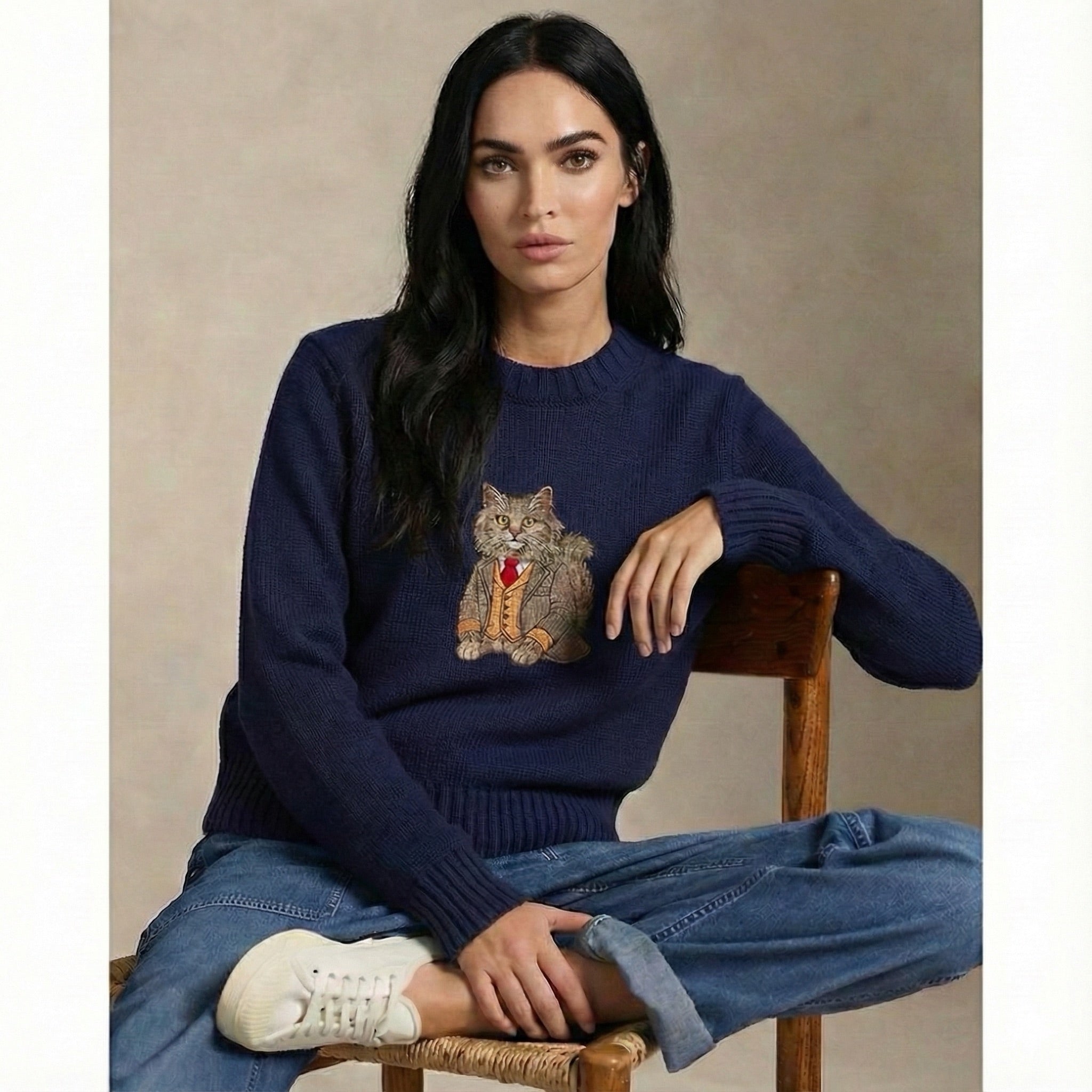Sweater Longhair Cat Embroidery 100% Cotton - Navy