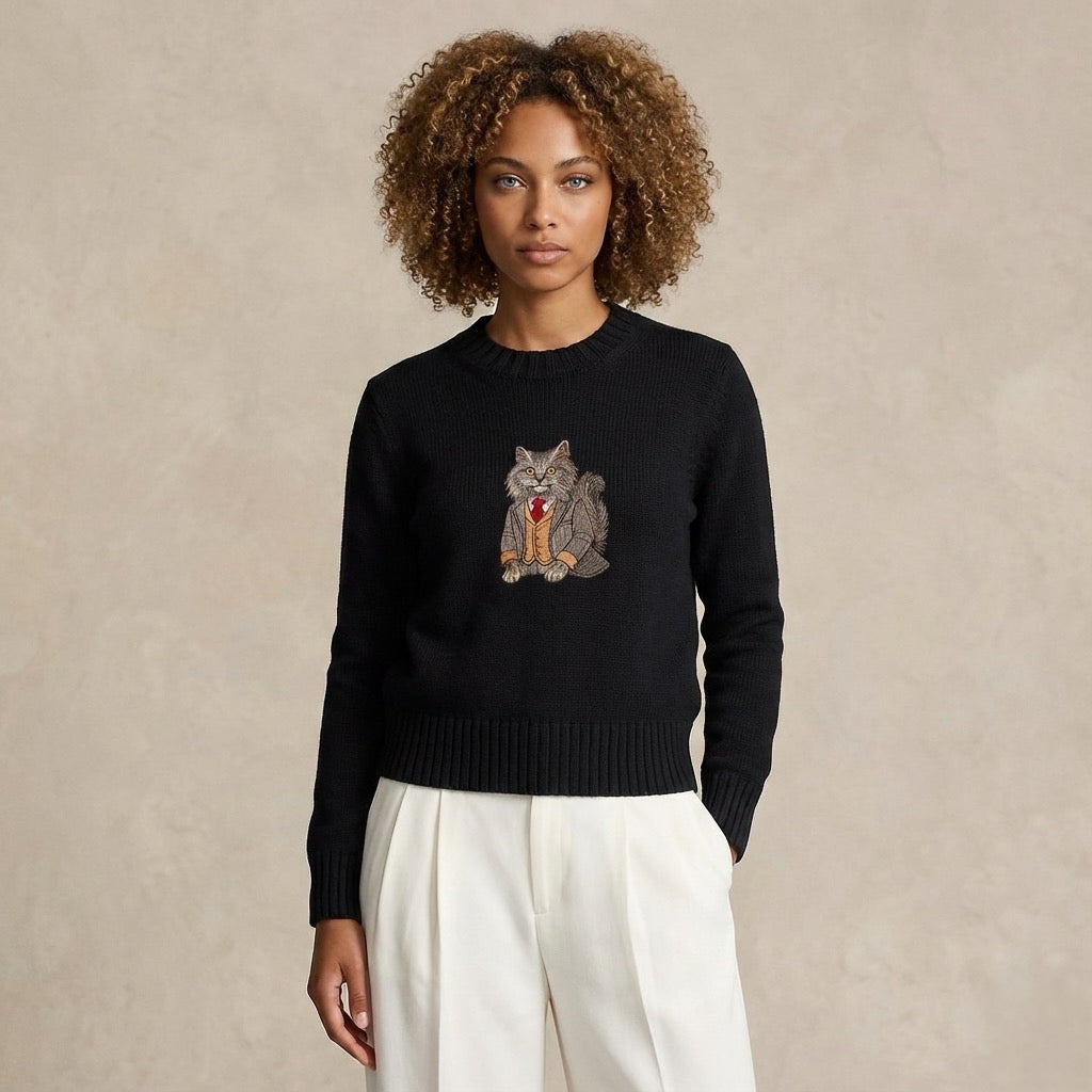 Sweater Longhair Cat Embroidery 100% Cotton - Black