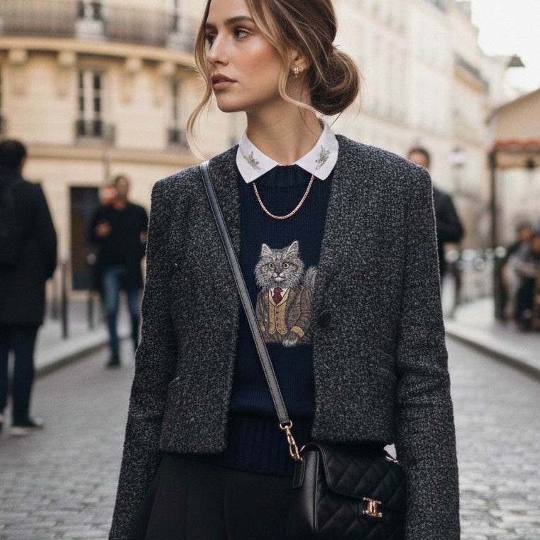 Sweater Longhair Cat Embroidery 100% Cotton - Navy