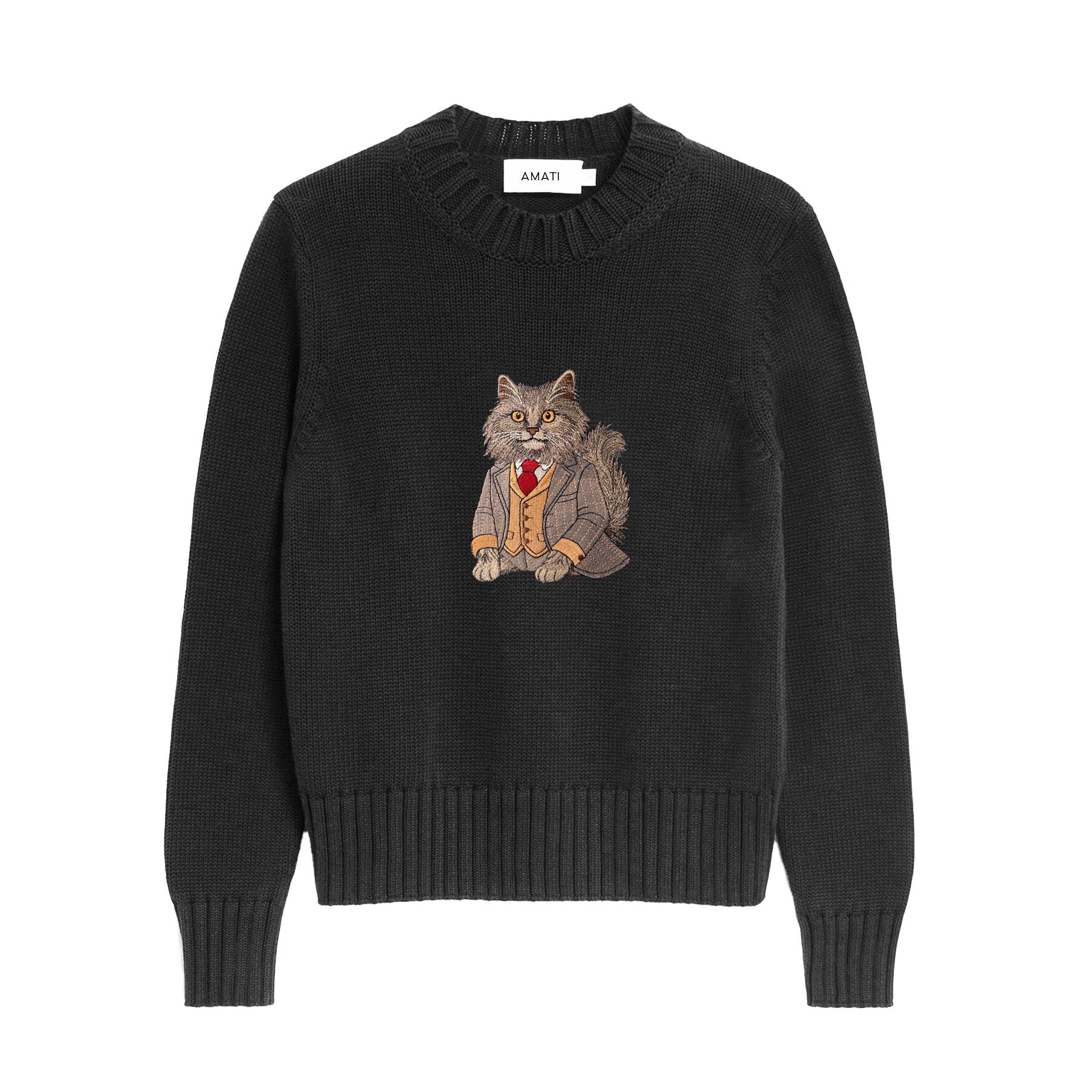 Sweater Longhair Cat Embroidery 100% Cotton - Black