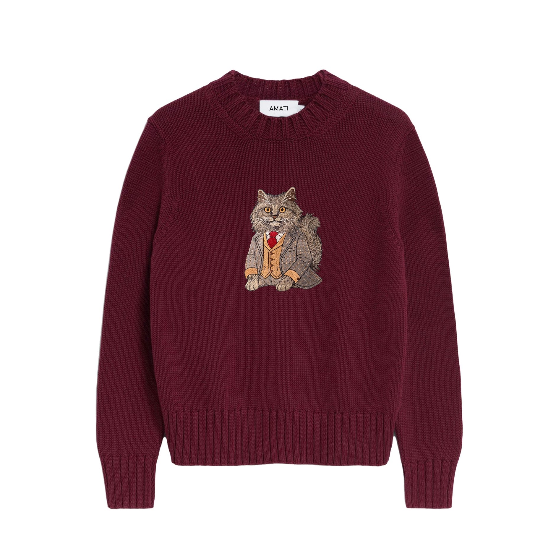 Sweater Longhair Cat Embroidery 100% Cotton - Burgundy