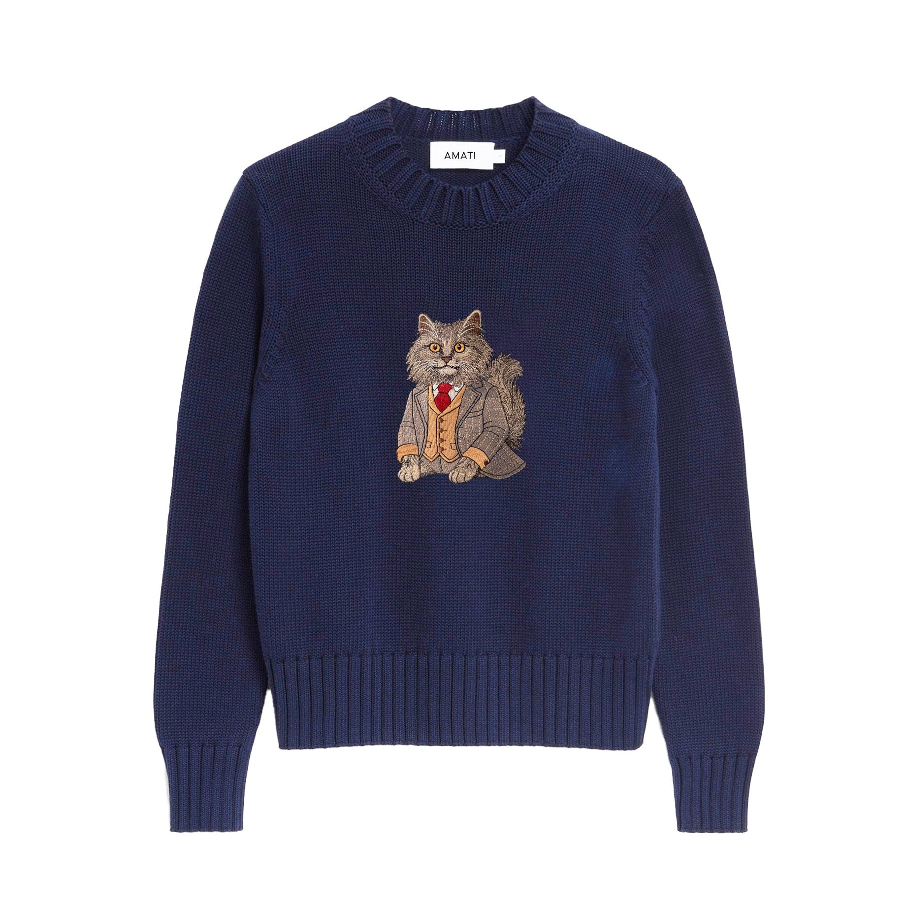 Sweater Longhair Cat Embroidery 100% Cotton - Navy