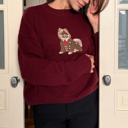 Sweater Pomeranian Embroidery 100% Cotton - Burgundy
