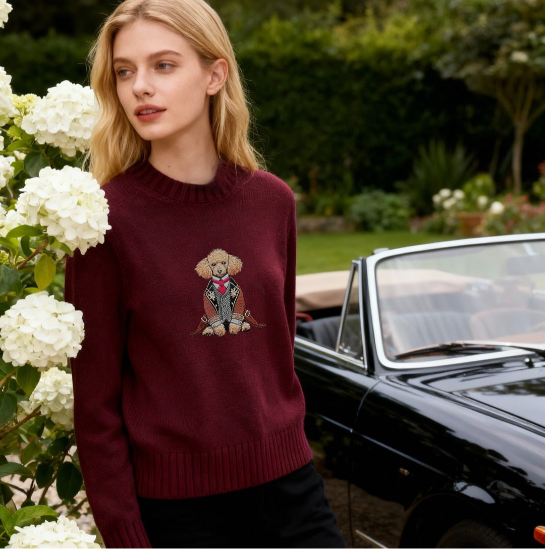 Sweater Poodle Embroidery 100% Cotton - Burgundy