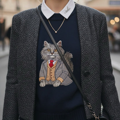 Sweater Longhair Cat Embroidery 100% Cotton - Navy