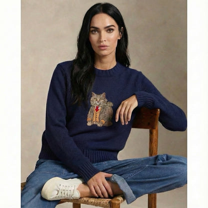 Sweater Longhair Cat Embroidery 100% Cotton - Navy
