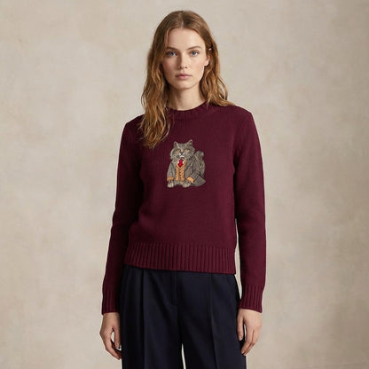 Sweater Longhair Cat Embroidery 100% Cotton - Burgundy