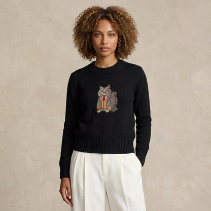 Sweater Longhair Cat Embroidery 100% Cotton - Black