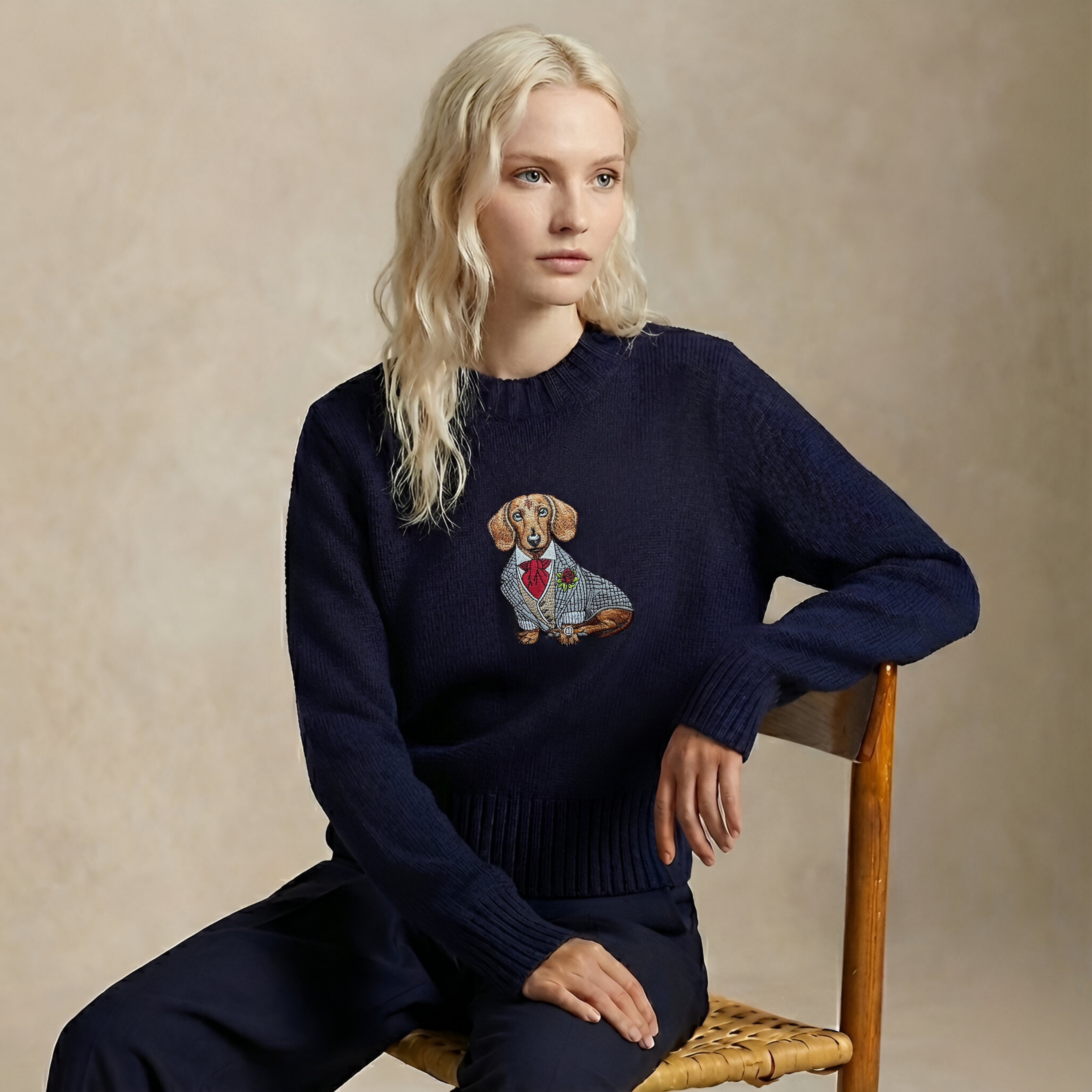 Sweater Dachshund Embroidery 100% Cotton - Navy