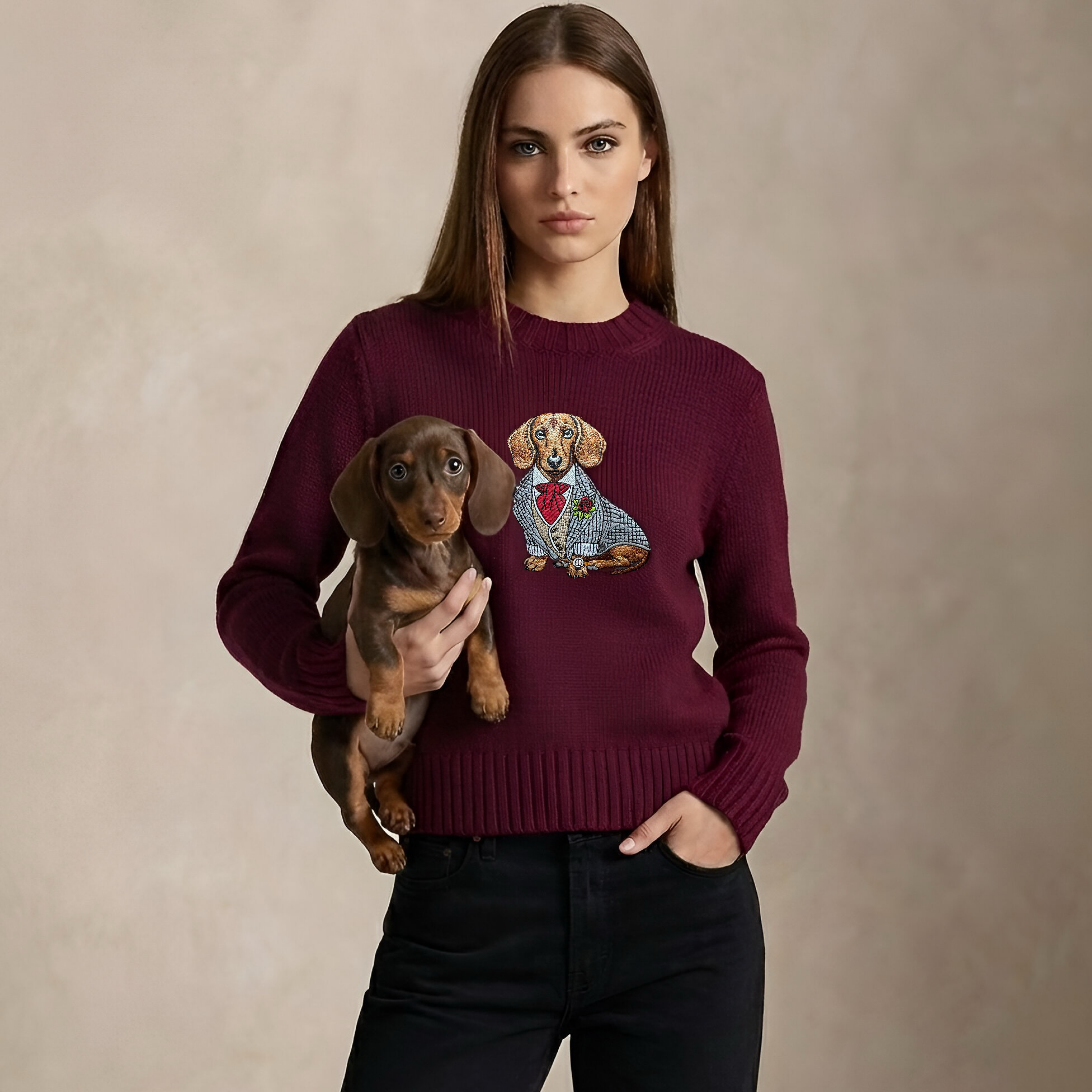 Sweater Dachshund Embroidery 100% Cotton - Burgundy