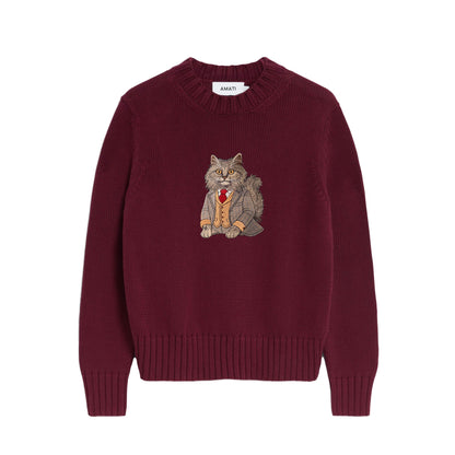 Sweater Longhair Cat Embroidery 100% Cotton - Burgundy