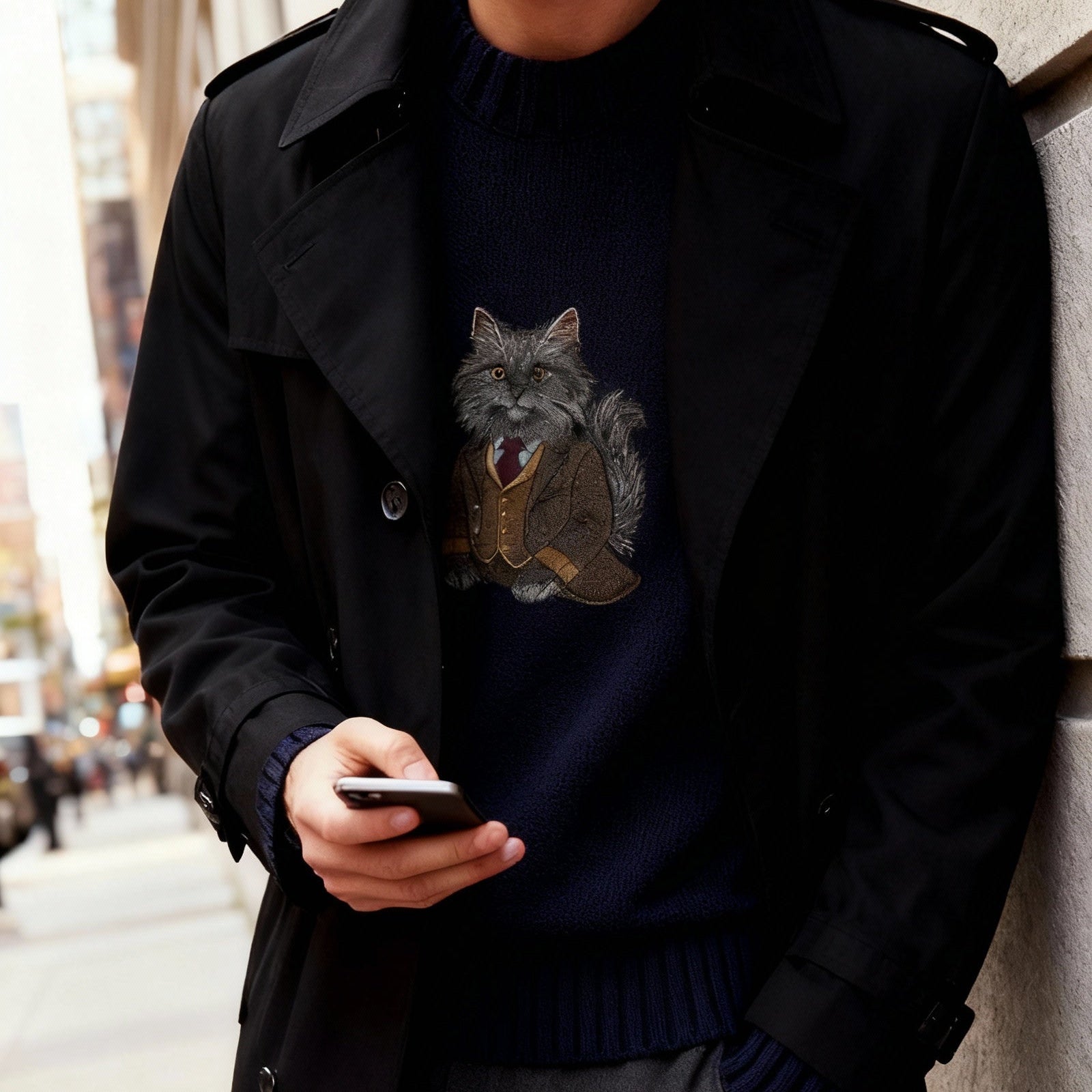 Sweater Longhair Cat Embroidery 100% Cotton - Black