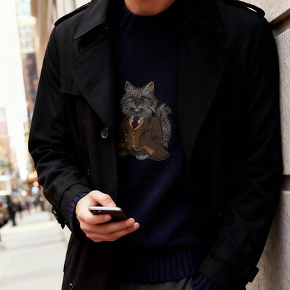 Sweater Longhair Cat Embroidery 100% Cotton - Black